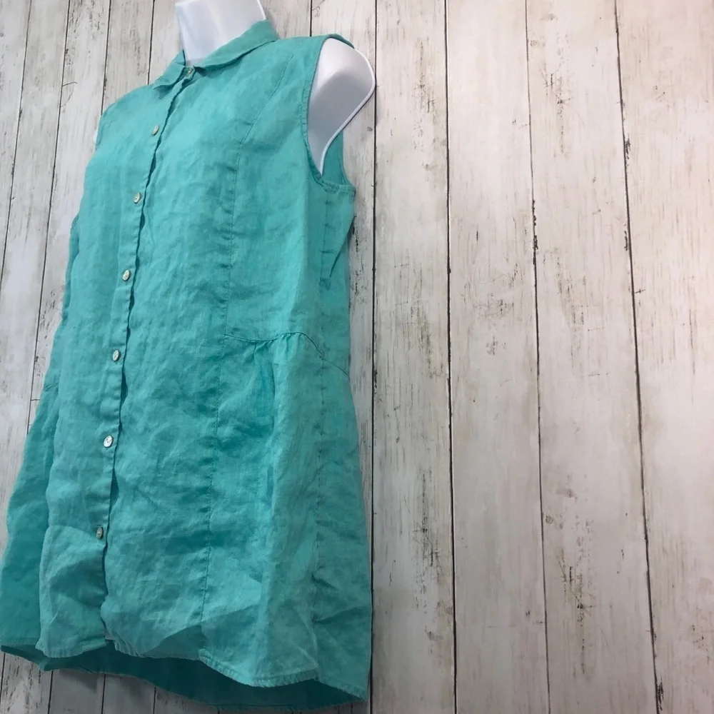 J Jill Love Linen Capri Blue Peplum Back Button Up Tunic Shirt Medium - Picture 2 of 8